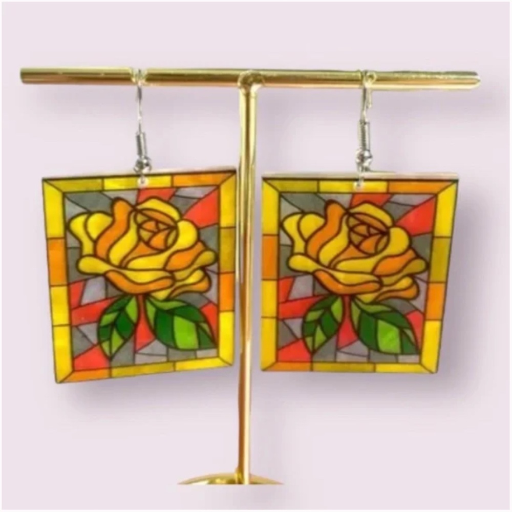 ❤️ FREE Window Stained Glass Tapestry Floral Chic Glam Art Artsy Drop Earrings